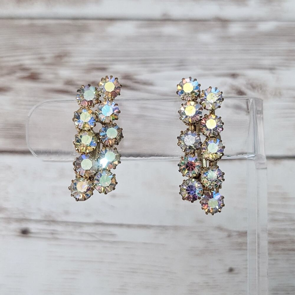 Vintage Clip On Earrings 1.25" Long Iridescent